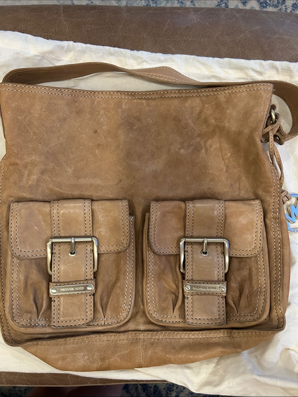 Michael Kors tan Leather Bag with Front Buckle Pockets